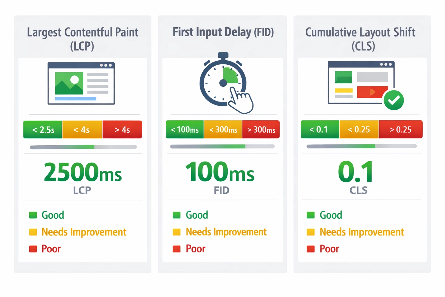 Core Web Vitals metrics visualization showing LCP, FID, and CLS thresholds