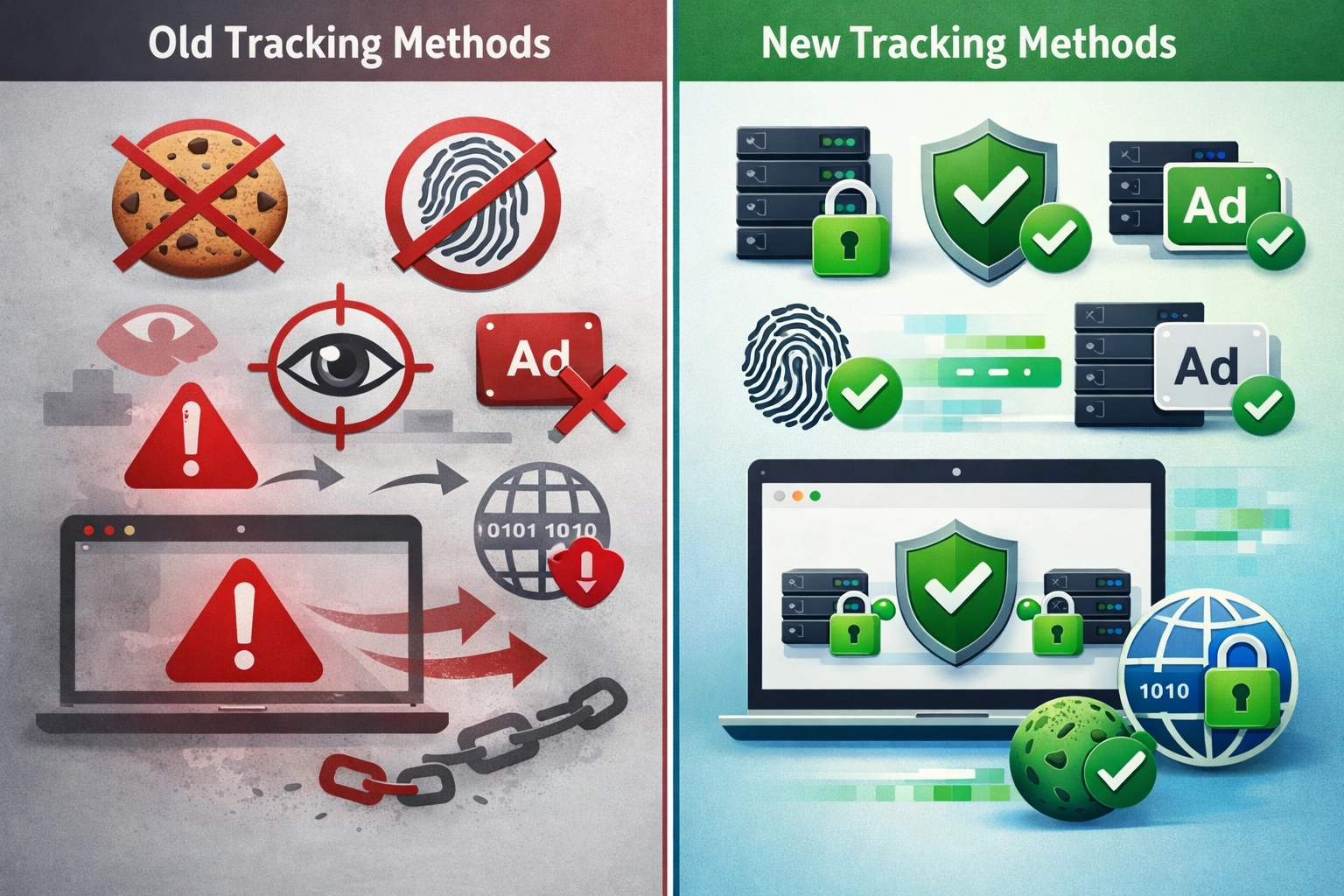 Split-screen comparison of old cookie-based tracking versus new privacy-first tracking methods