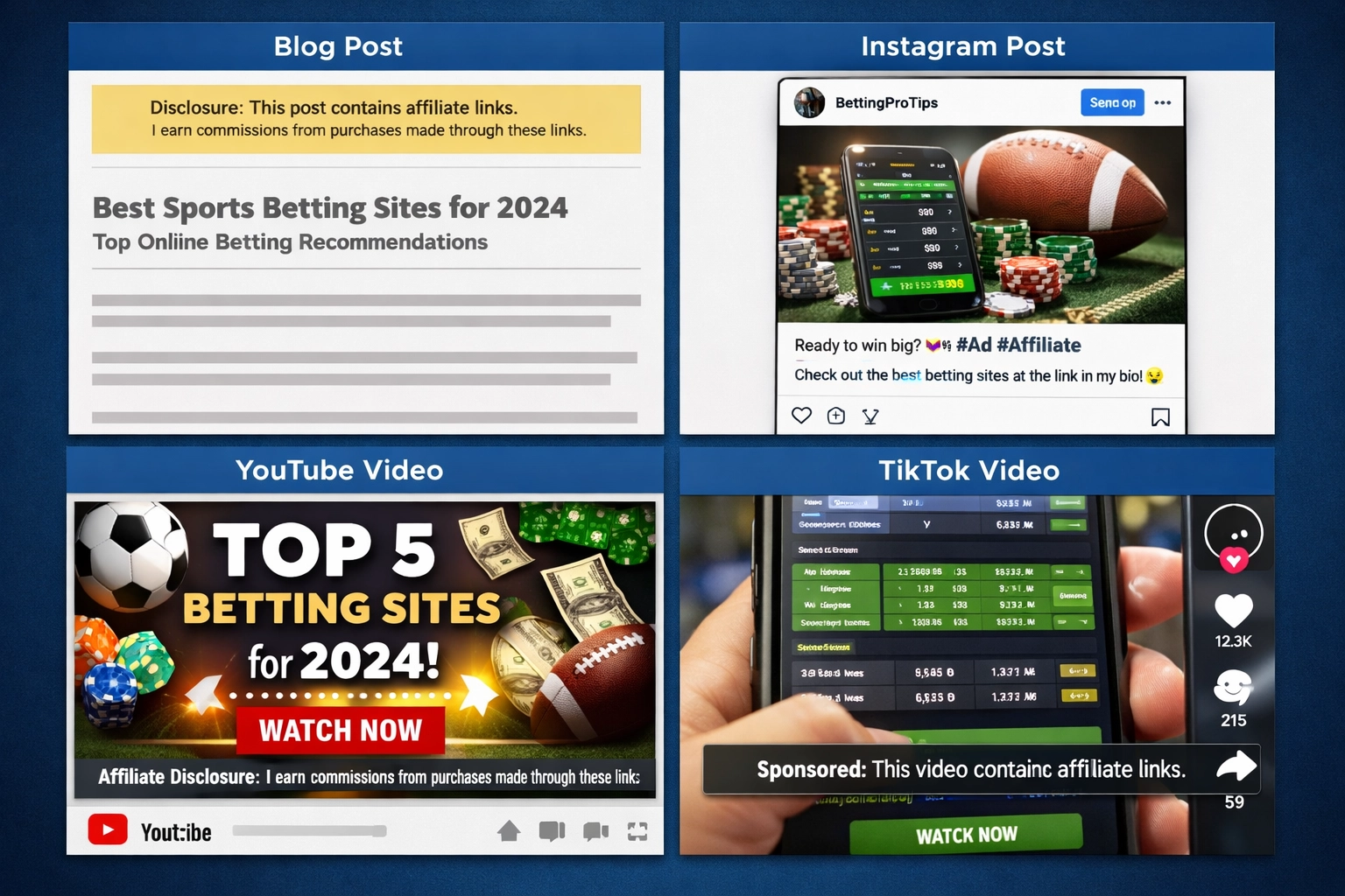 Przykłady ujawnień afiliacyjnych na blogu, Instagramie, YouTube i TikToku