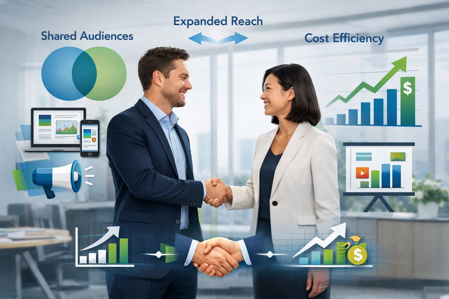 Wizualizacja partnerstwa co-marketingowego pokazująca wspólnych odbiorców i rozszerzony zasięg