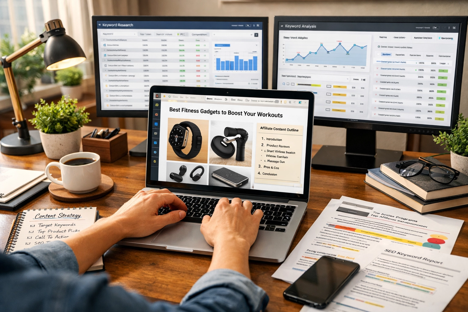 Twórca treści pracujący nad wpisem blogowym o marketingu afiliacyjnym z badaniem słów kluczowych i analizą produktów