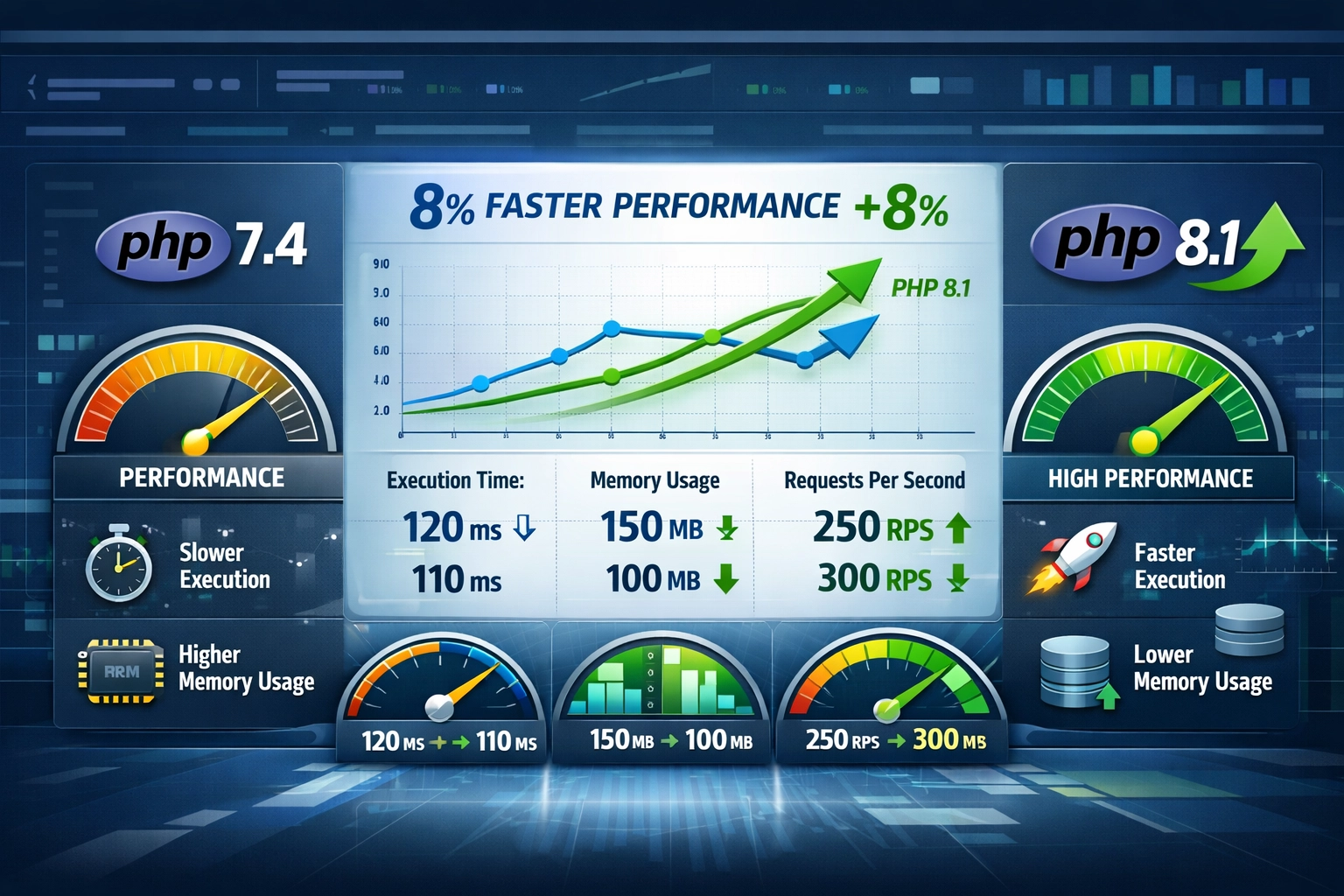 Performance comparison visualization showing PHP 8.1 vs PHP 7.4 speed metrics