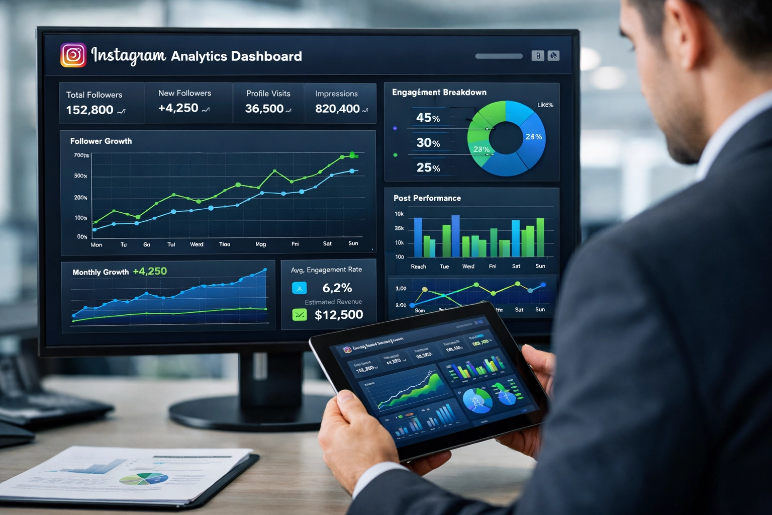 Pulpit analityczny Instagrama prezentujący wskaźniki zaangażowania i śledzenie wyników