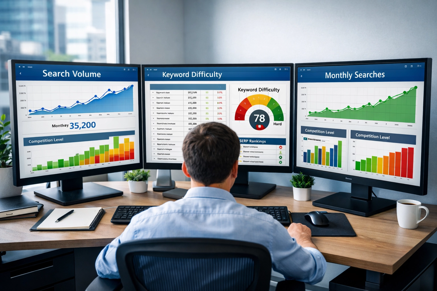 Profesjonalne stanowisko pracy prezentujące analizę badań słów kluczowych z wieloma monitorami wyświetlającymi panele analityczne i dane wyszukiwania