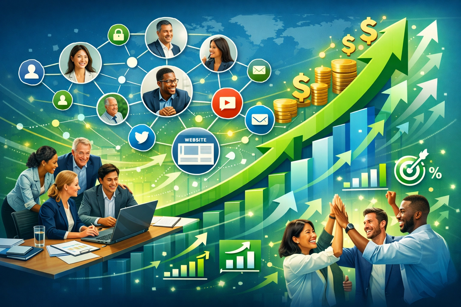 Wizualizacja wzrostu firmy pokazująca rozrastającą się sieć partnerów i rosnące przychody