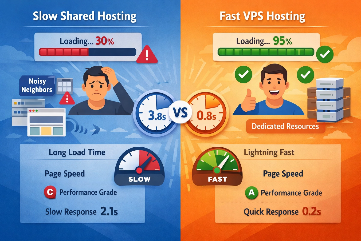 Performance comparison showing slow shared hosting vs fast VPS hosting loading times
