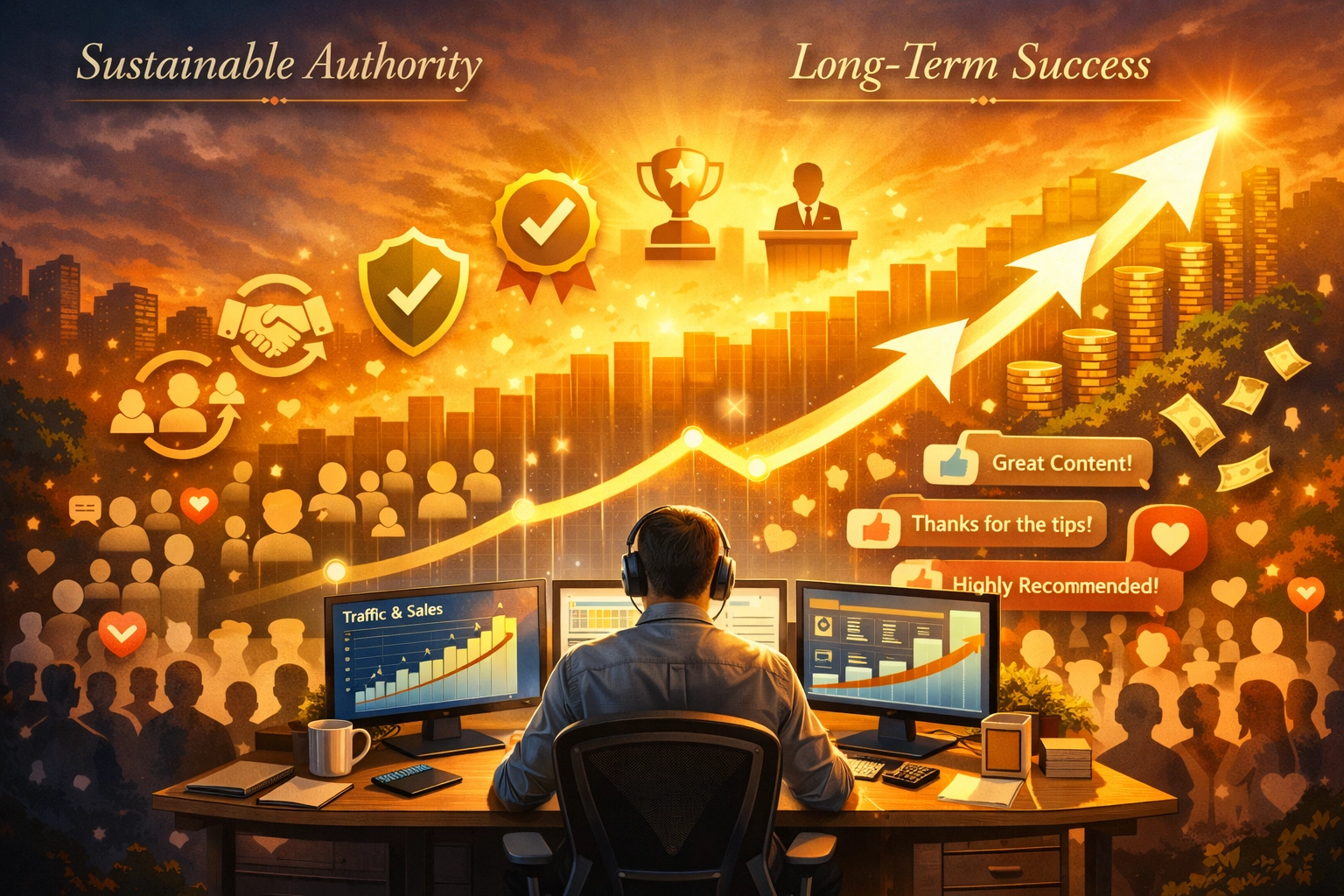 Dynamic growth visualization showing affiliate marketer authority and income trajectory building over time