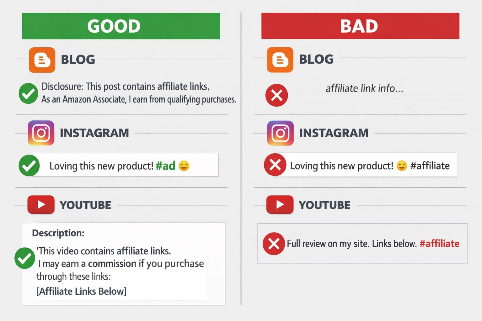 Examples of good and bad affiliate disclosure statements across platforms