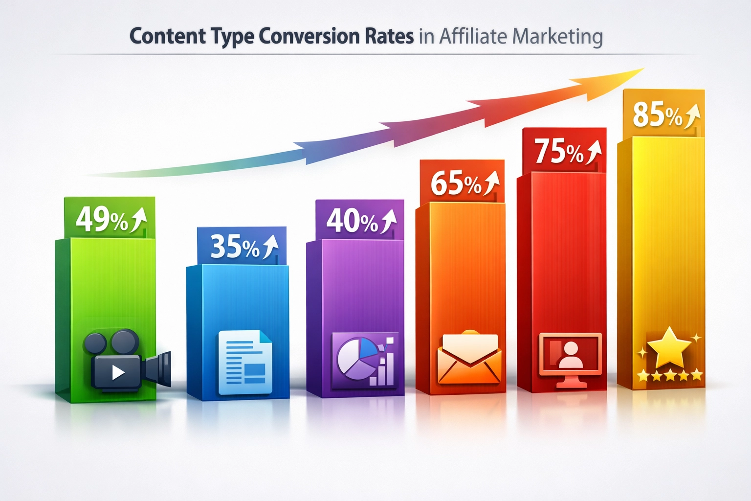 Wskaźniki skuteczności typów treści pokazujące wzrost konwersji o 49% dla wideo