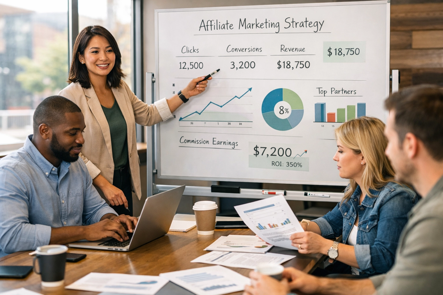 Różnorodny zespół współpracujący nad strategią marketingu afiliacyjnego w nowoczesnej sali konferencyjnej
