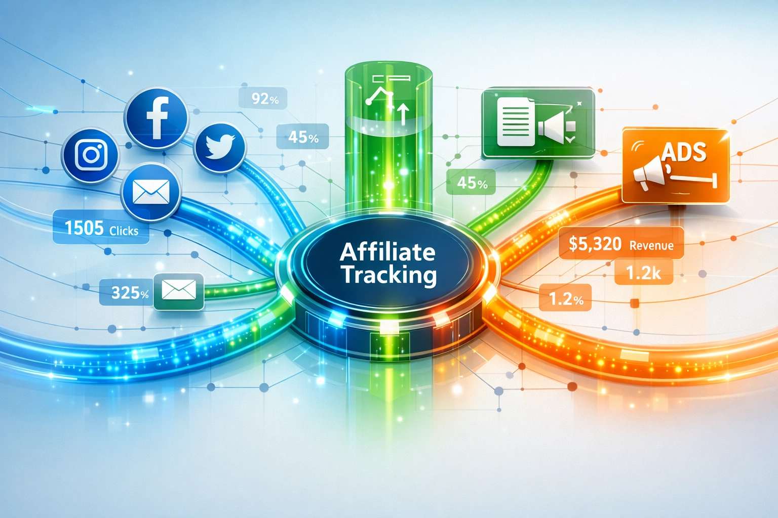 Wizualizacja sieci śledzenia linków afiliacyjnych ukazująca powiązane przepływy danych