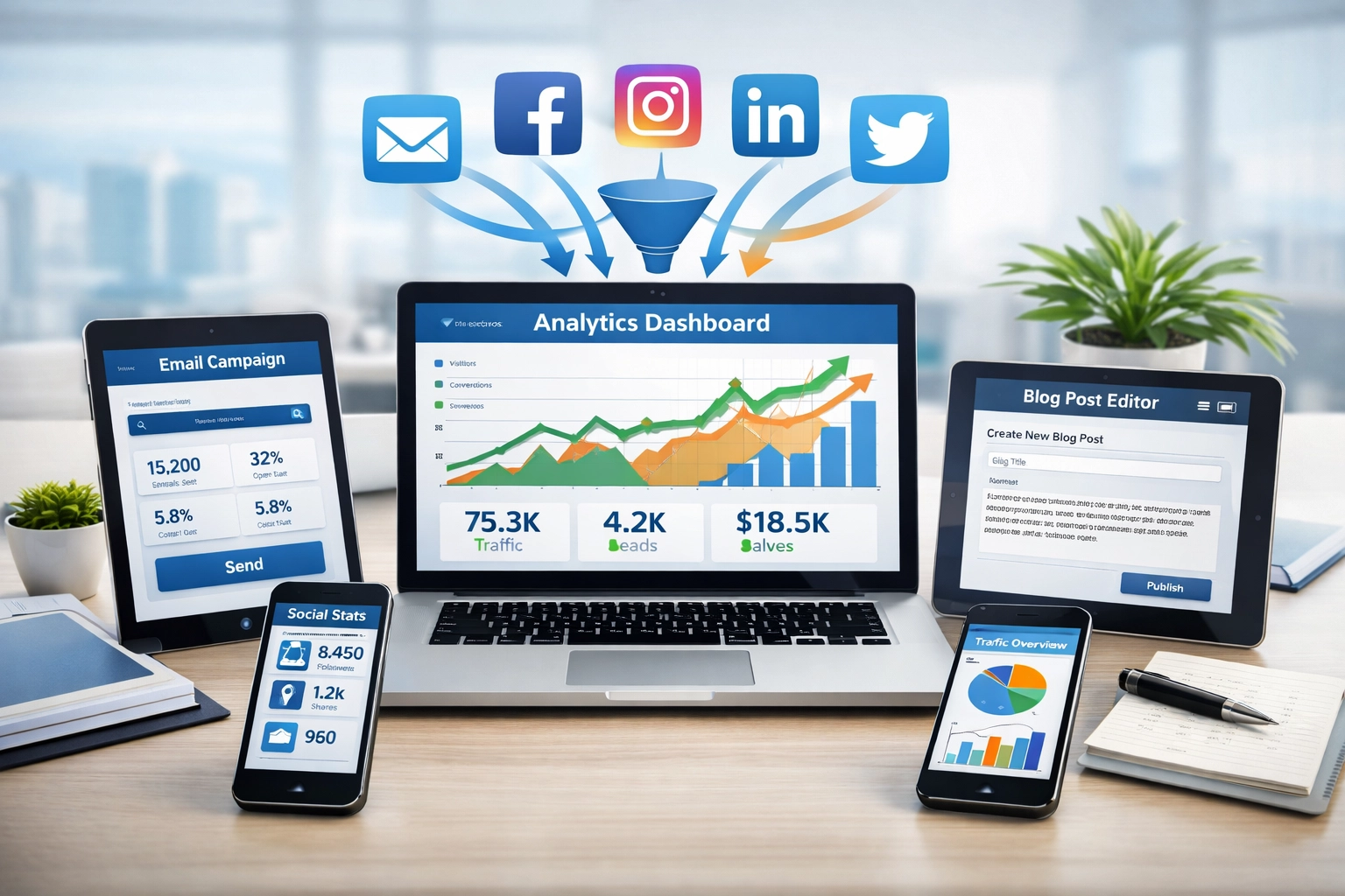 Cyfrowy pulpit marketingowy pokazujący różne źródła i kanały ruchu wraz z analizą