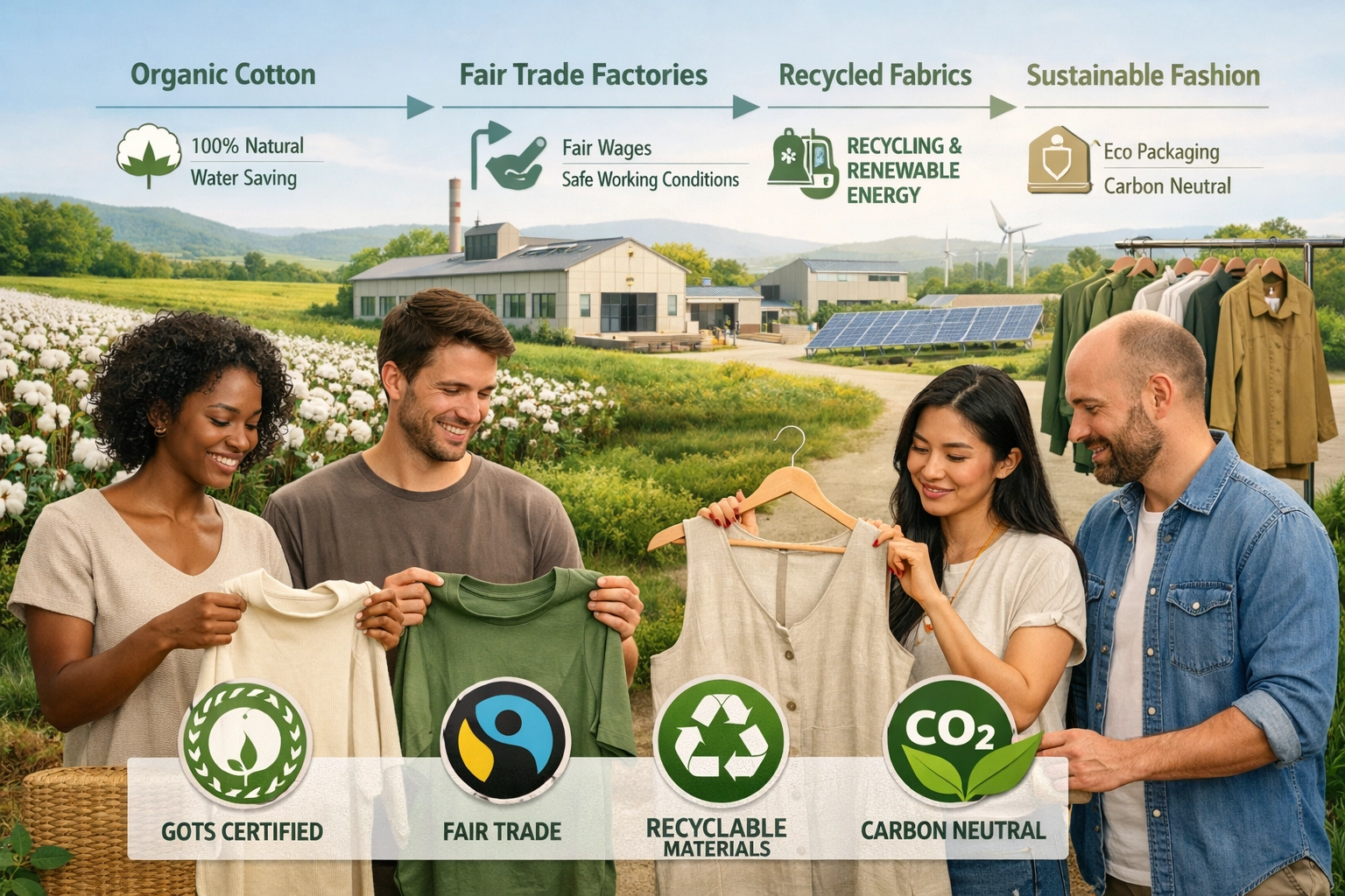 Wizualizacja zrównoważonego łańcucha dostaw mody, pokazująca etyczne praktyki i odpowiedzialność za środowisko