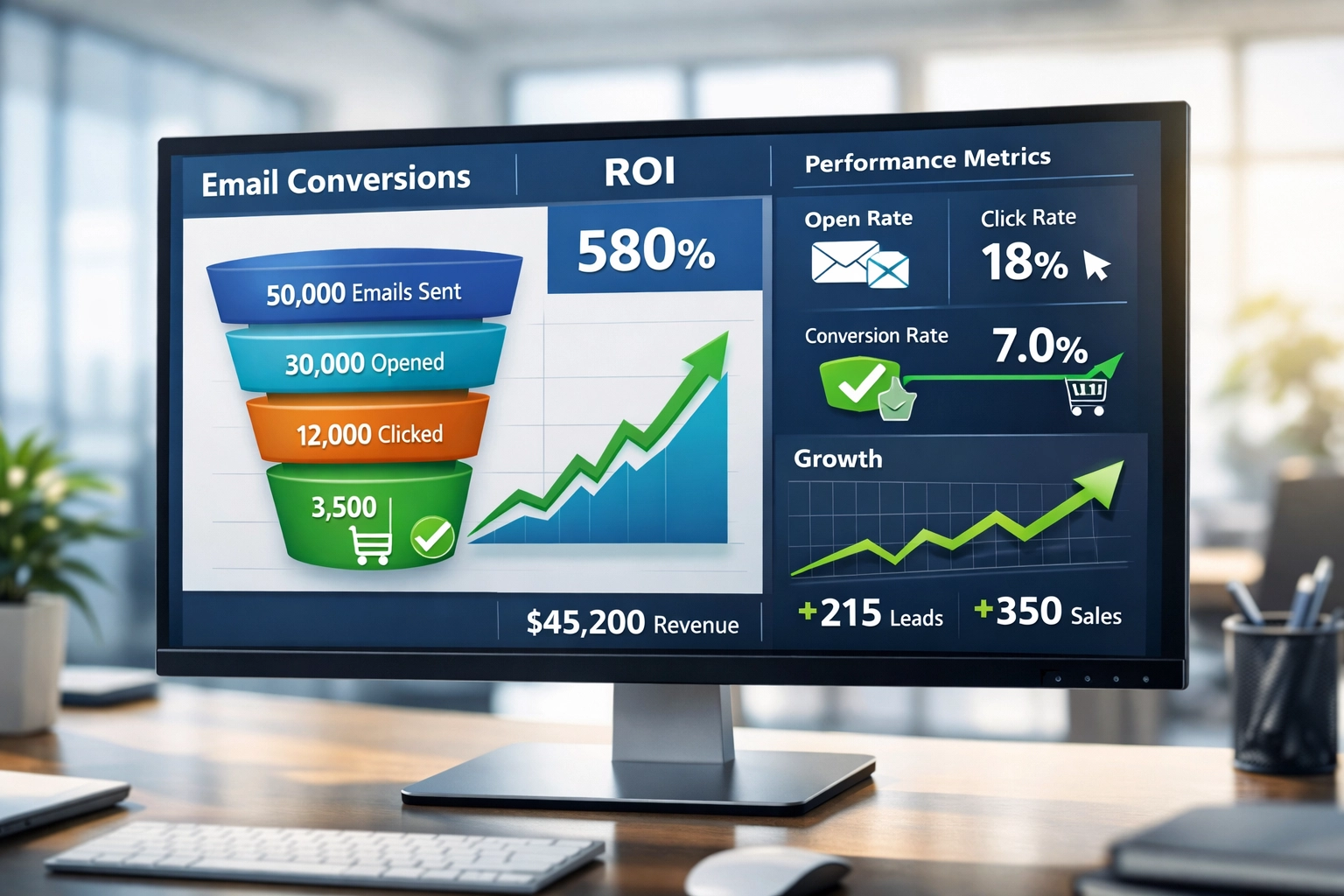 Modern analytics dashboard showing email marketing performance metrics with conversion funnels, trending graphs, and ROI indicators