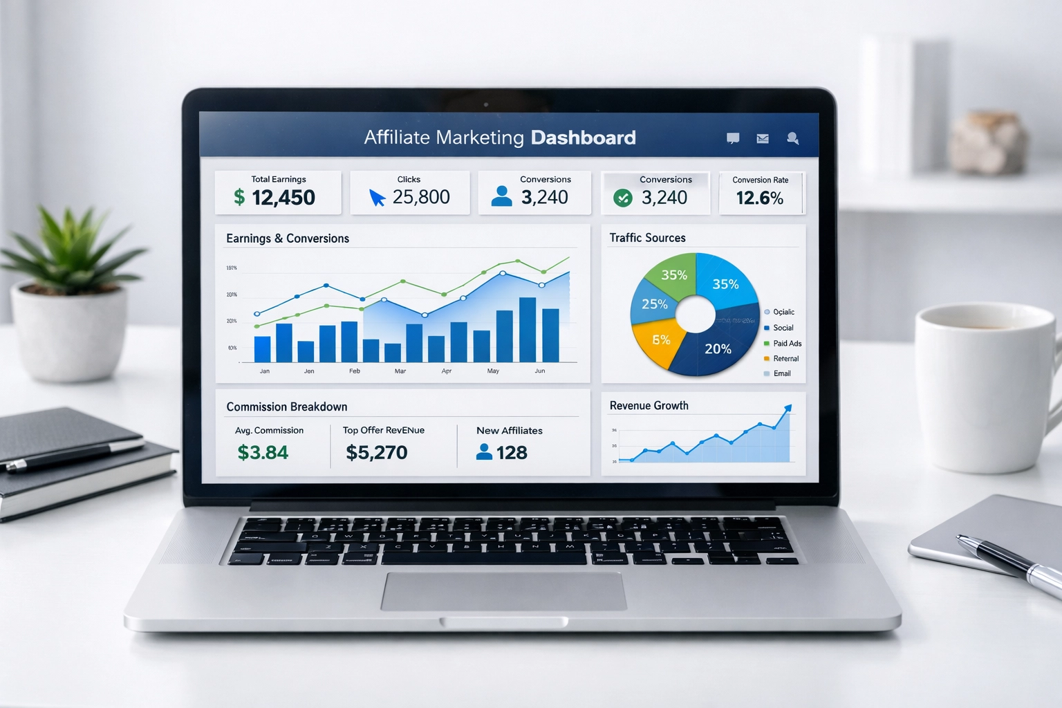 Affiliate marketing analytics dashboard showing growth metrics and conversion data
