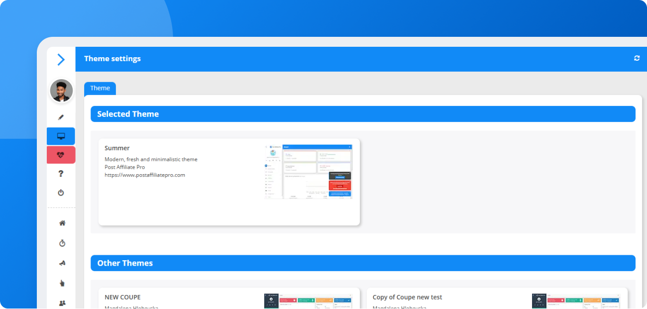 Podgląd motywu letniego Post Affiliate Pro zastosowanego do paneli sprzedawcy i afiliantów, z nowoczesnym niebieskim układem i odświeżonymi elementami interfejsu