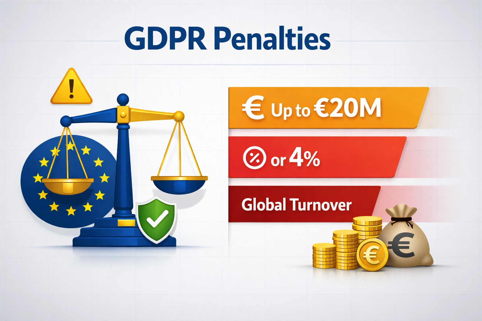 GDPR Penalties Overview - Scales of Justice with EU Flag Colors and Monetary Symbols