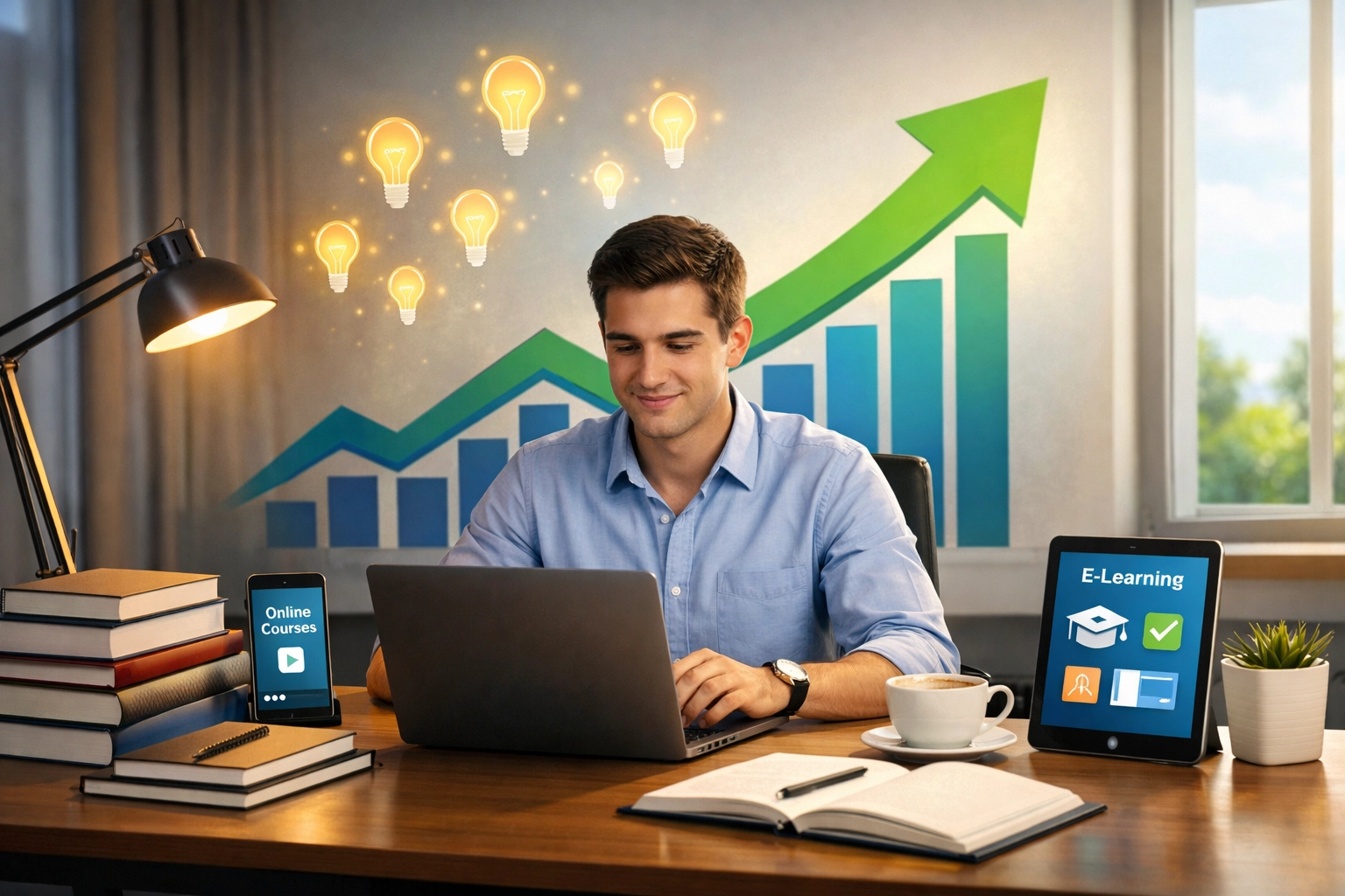 Profesjonalista uczący się i rozwijający, ze strzałkami skierowanymi w górę, ikonami żarówek i elementami technologicznymi symbolizującymi ciągły rozwój