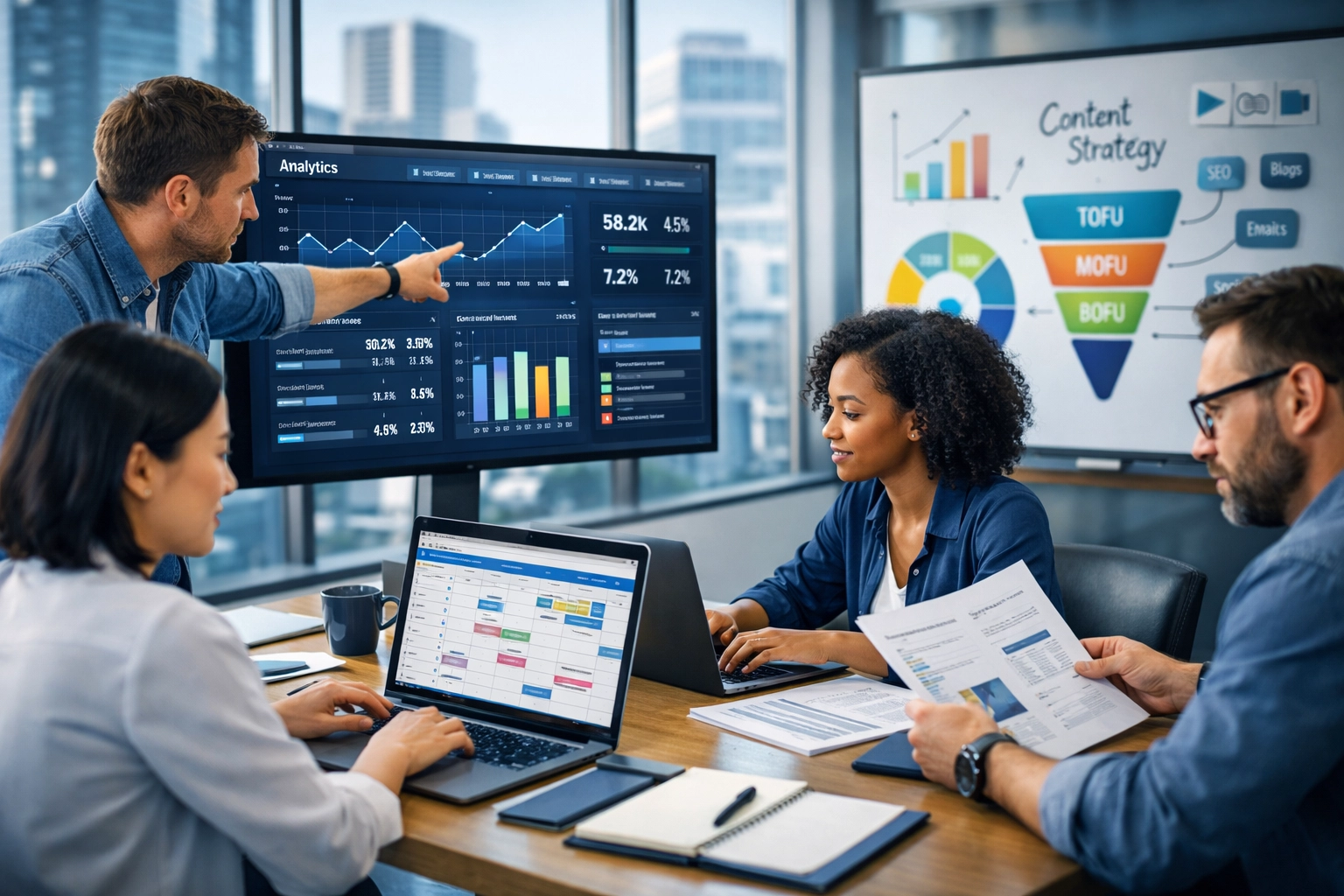 B2B SaaS content marketing team collaboration in modern office with analytics dashboard