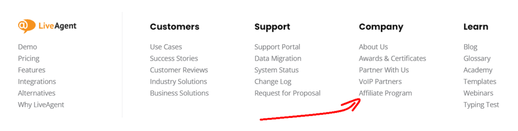 Affiliate program link in a website footer