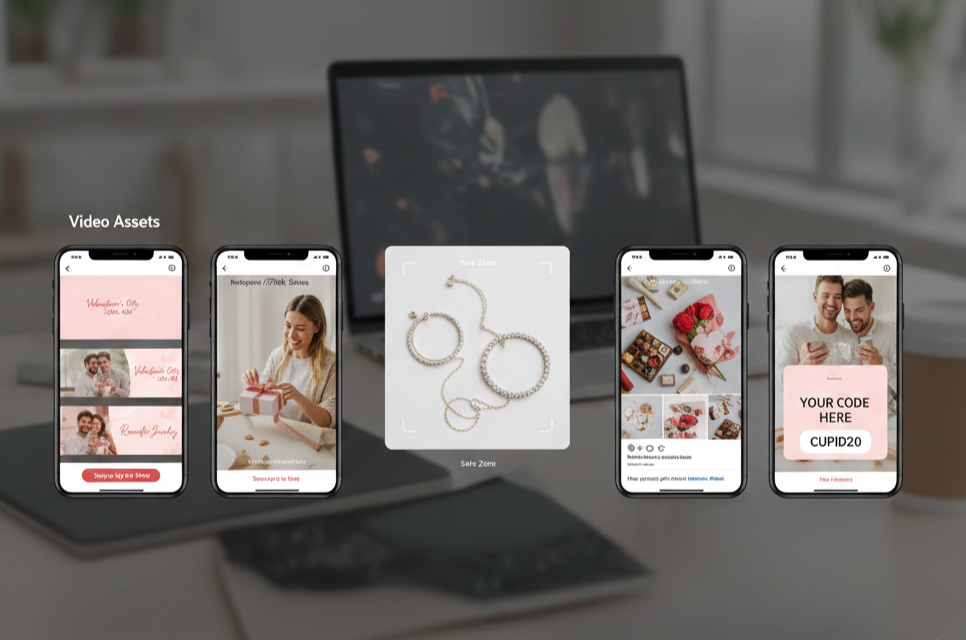 Zasoby marketingu afiliacyjnego zorientowane na media społecznościowe wyświetlane na urządzeniach mobilnych, pokazujące wymiary Instagram Stories, TikTok i postów w kanale z przykładami kreatywnych treści walentynkowych