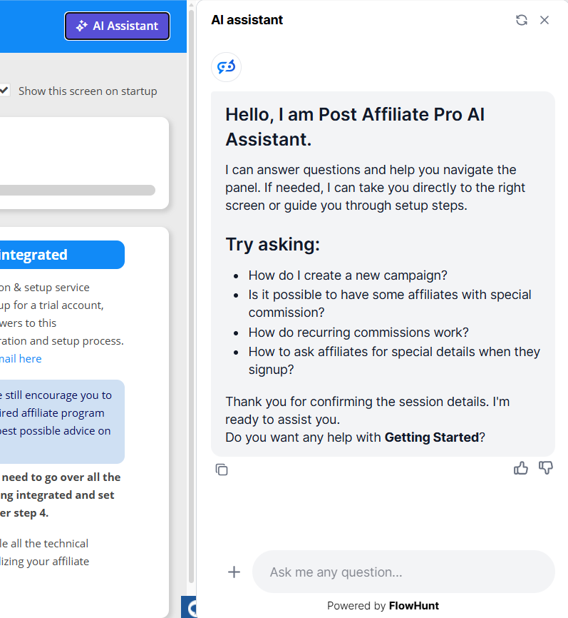Okno powitalne asystenta AI Post Affiliate Pro