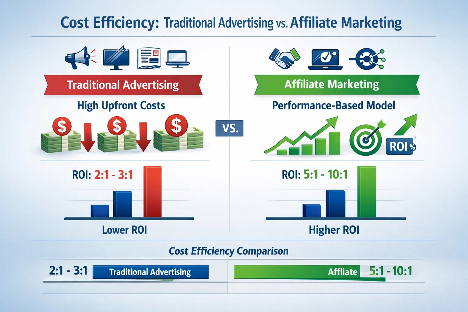 Cost comparison between traditional advertising and affiliate marketing showing ROI metrics