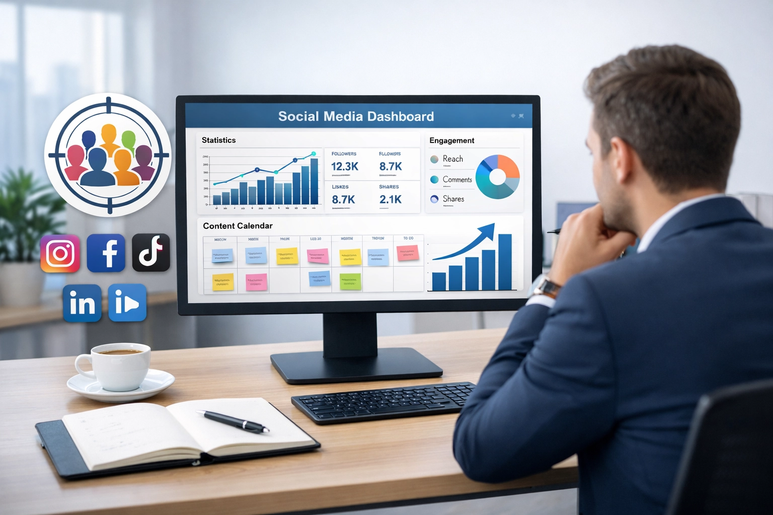 Planowanie strategii mediów społecznościowych z pulpitem analitycznym i kalendarzem treści