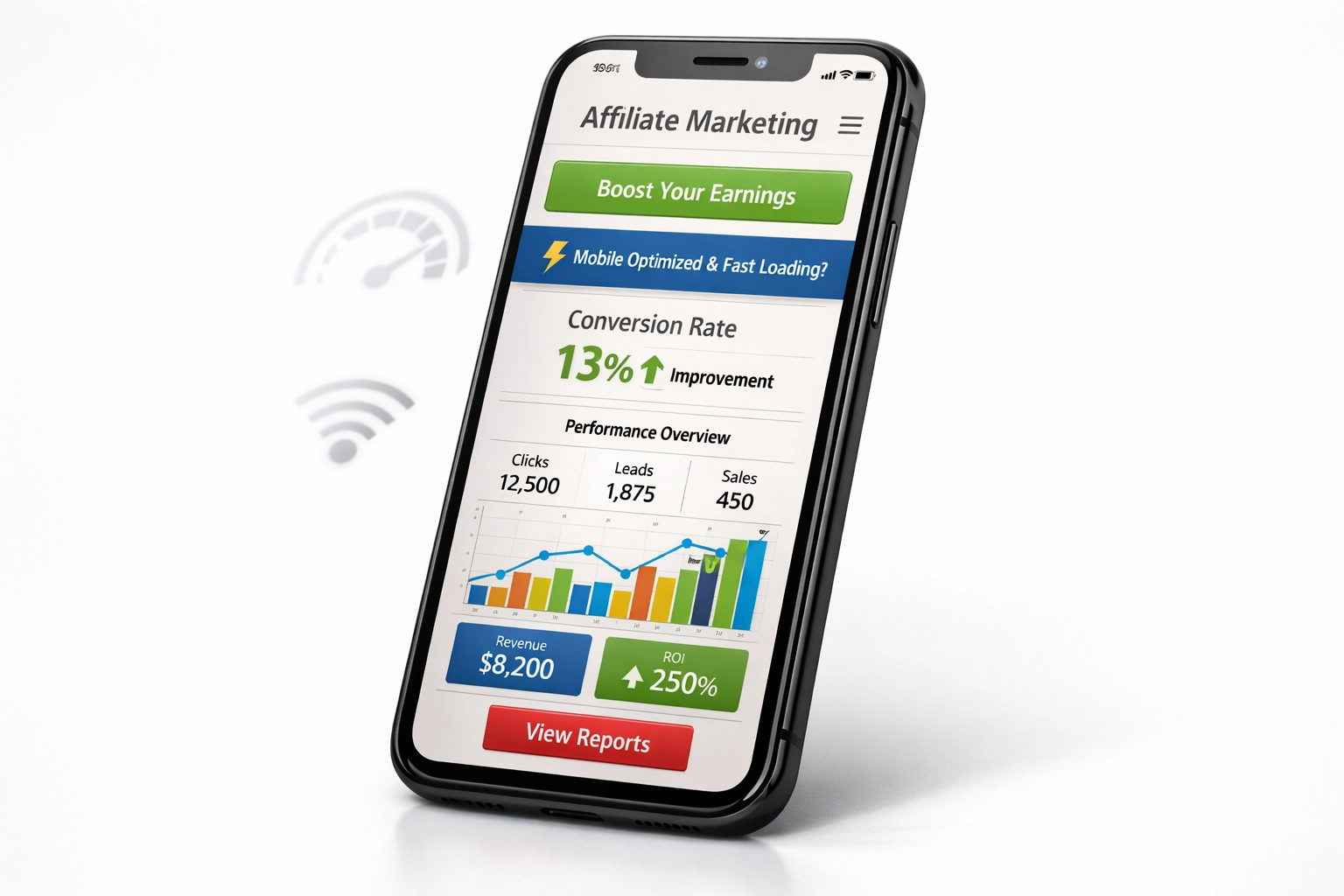 Nowoczesny smartfon prezentujący responsywną stronę afiliacyjną z metrykami konwersji i analizami