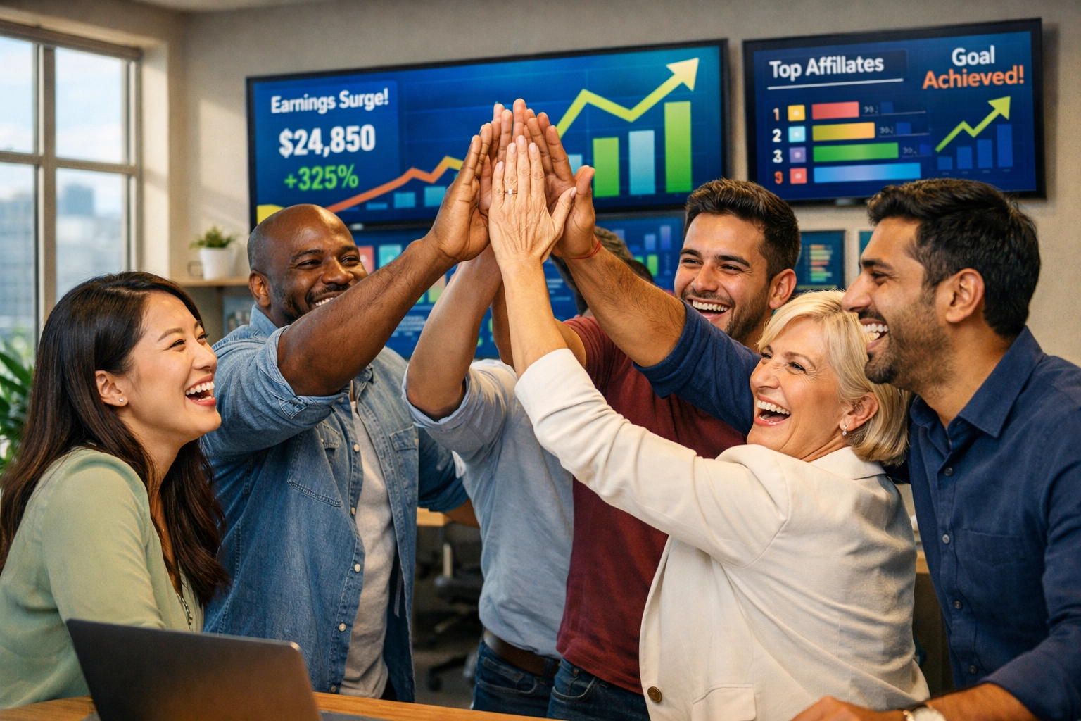 Diverse affiliate team celebrating success with performance metrics displayed on screens