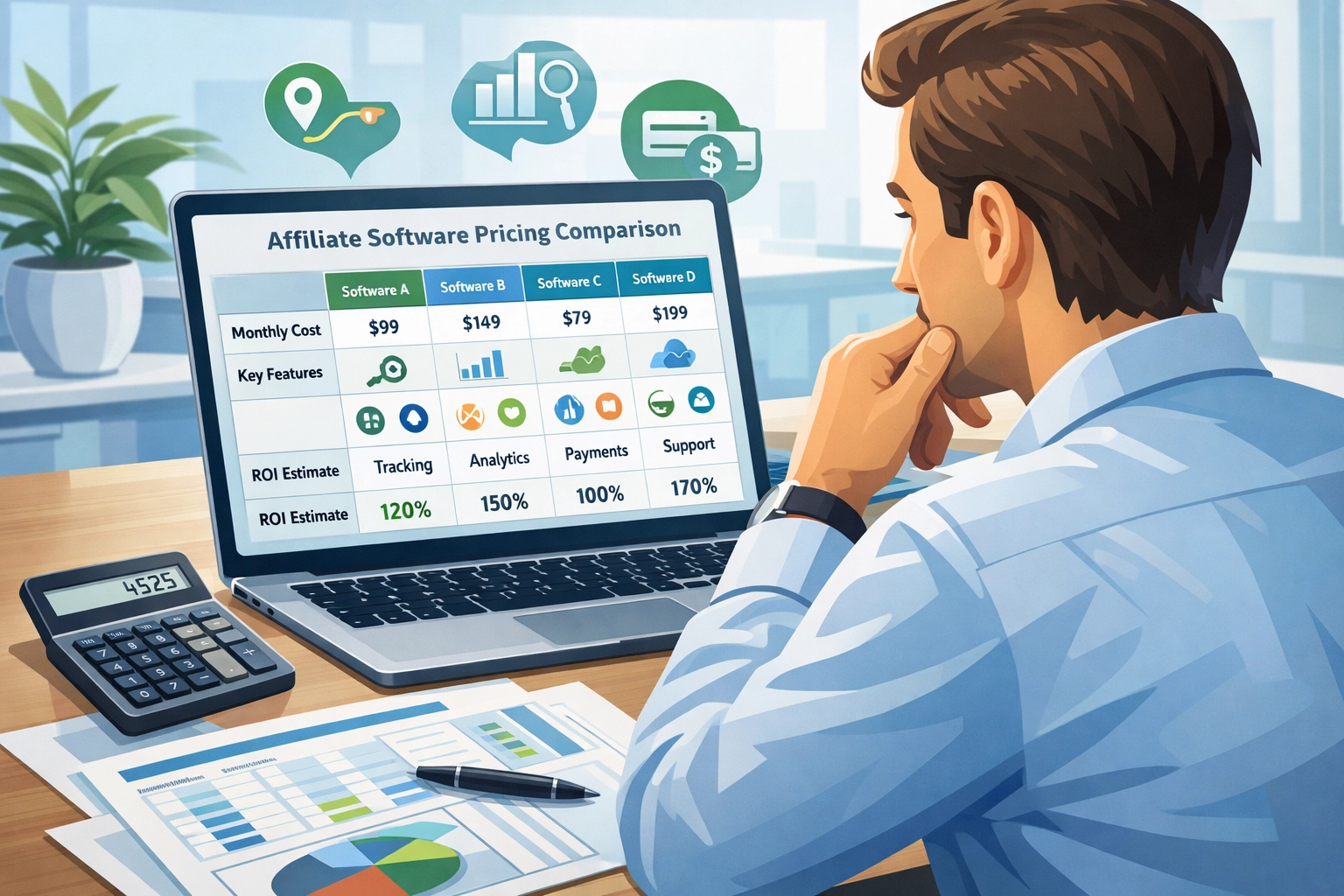 Biznesmen analizujący porównanie cen oprogramowania afiliacyjnego na ekranie komputera