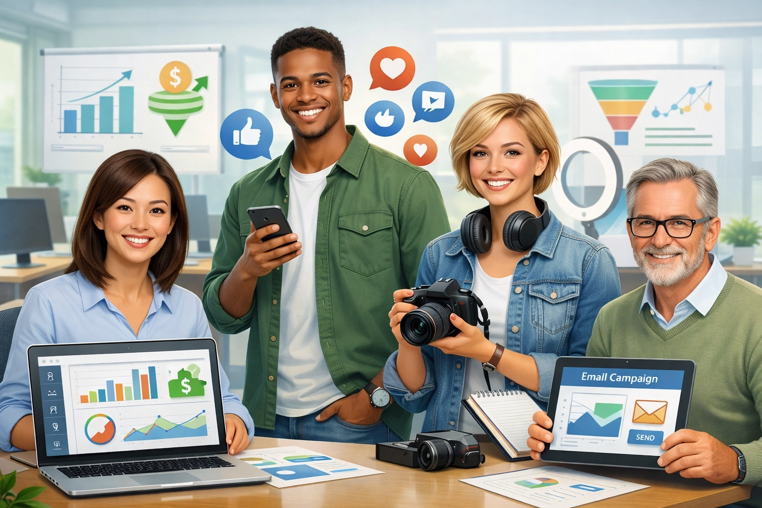 Diverse buyer personas in affiliate marketing office environment