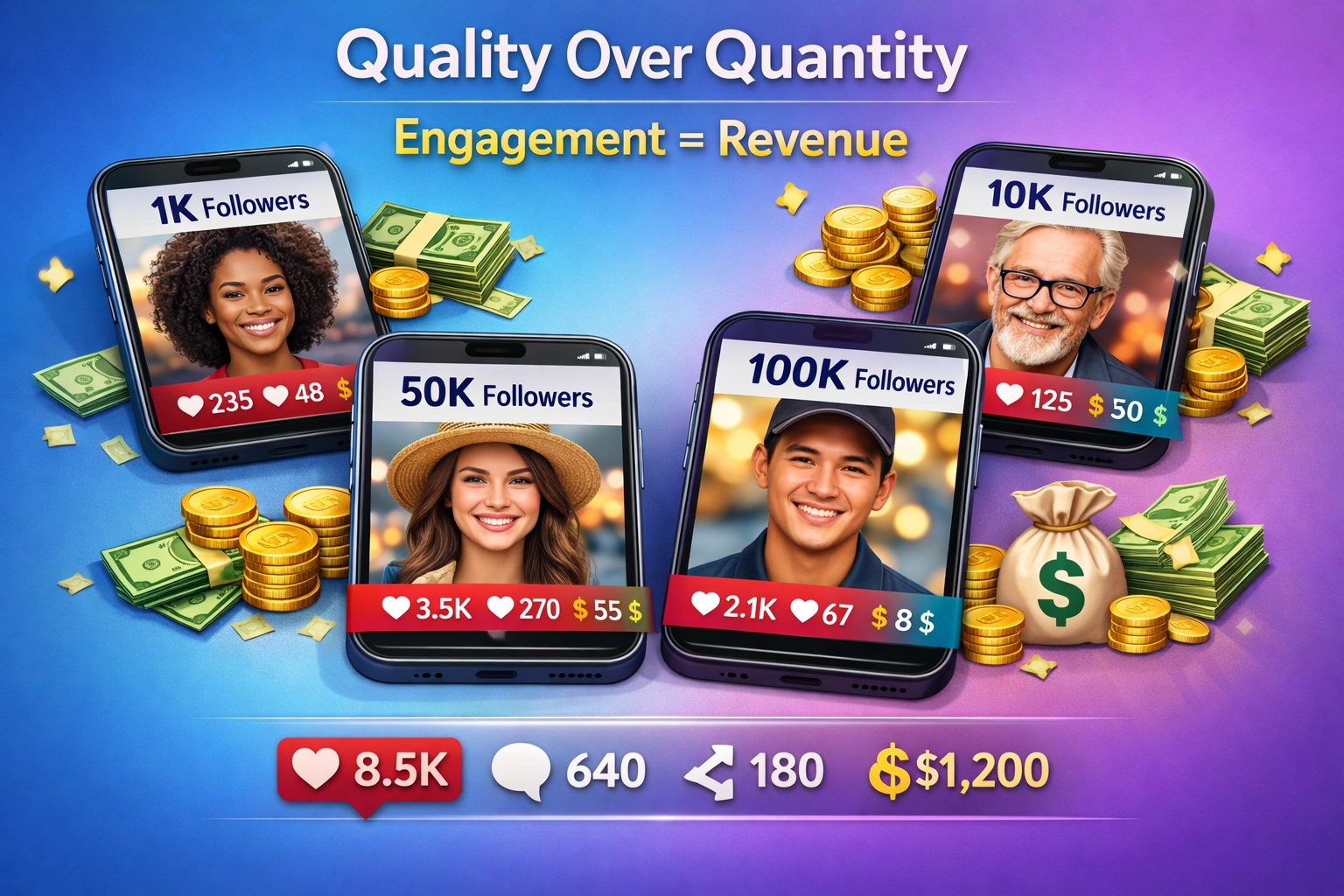 Instagram affiliate marketing showing diverse creators with different follower counts earning money through engagement