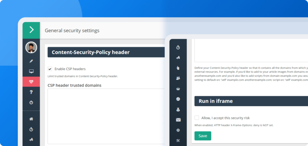 Ekran konfiguracji pokazujący włączanie nagłówków CSP i ustawianie zaufanych domen w Post Affiliate Pro