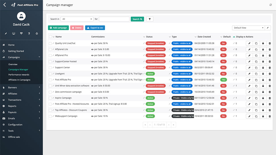 Przegląd kampanii Post Affiliate Pro