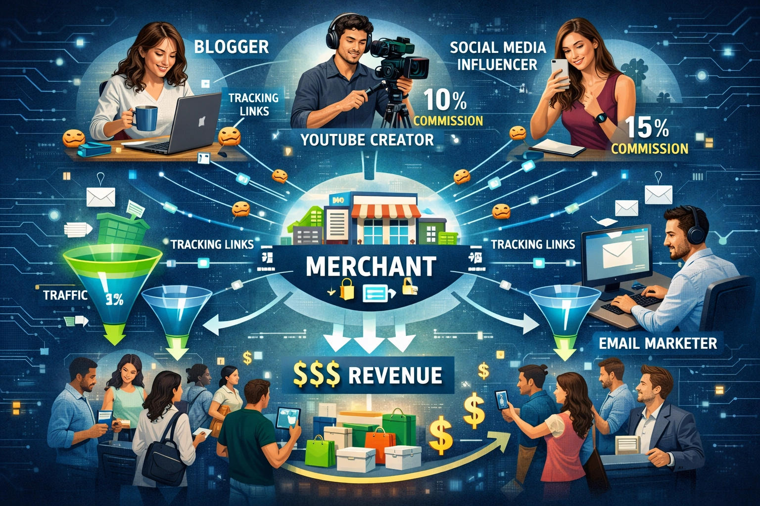 Affiliate marketing ecosystem showing merchants, affiliates, customers, and tracking links connected through digital network