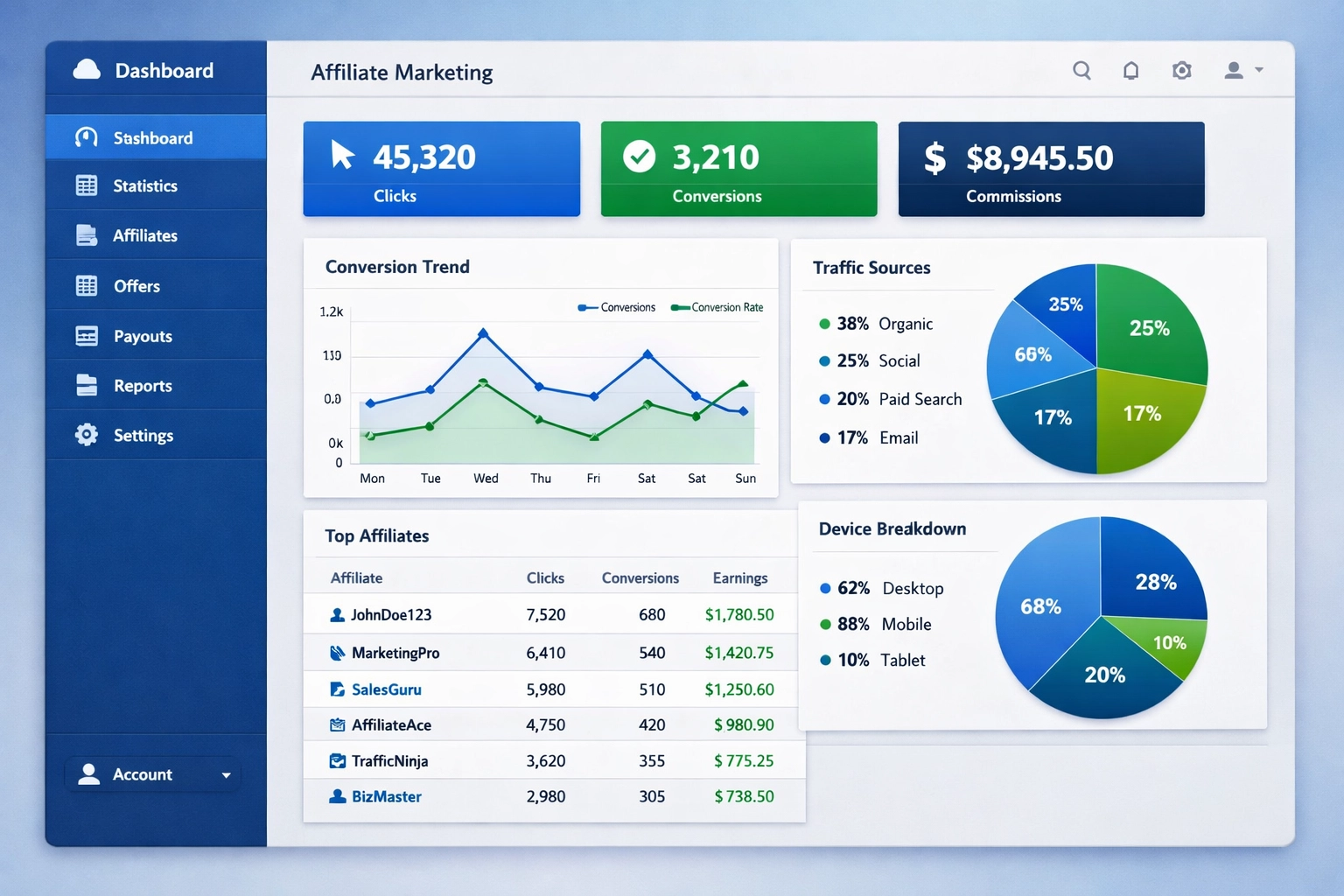 Affiliate marketing software dashboard with real-time performance metrics and analytics