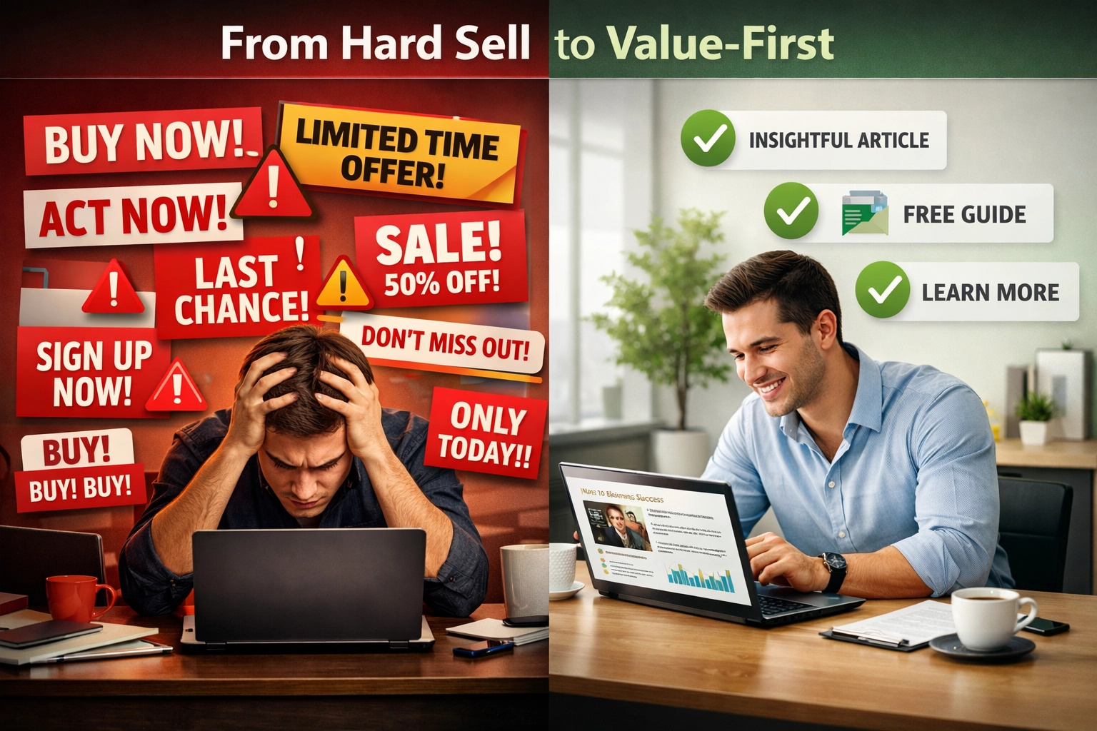 Kontrast między agresywnymi technikami sprzedaży a marketingiem treści opartym na wartości