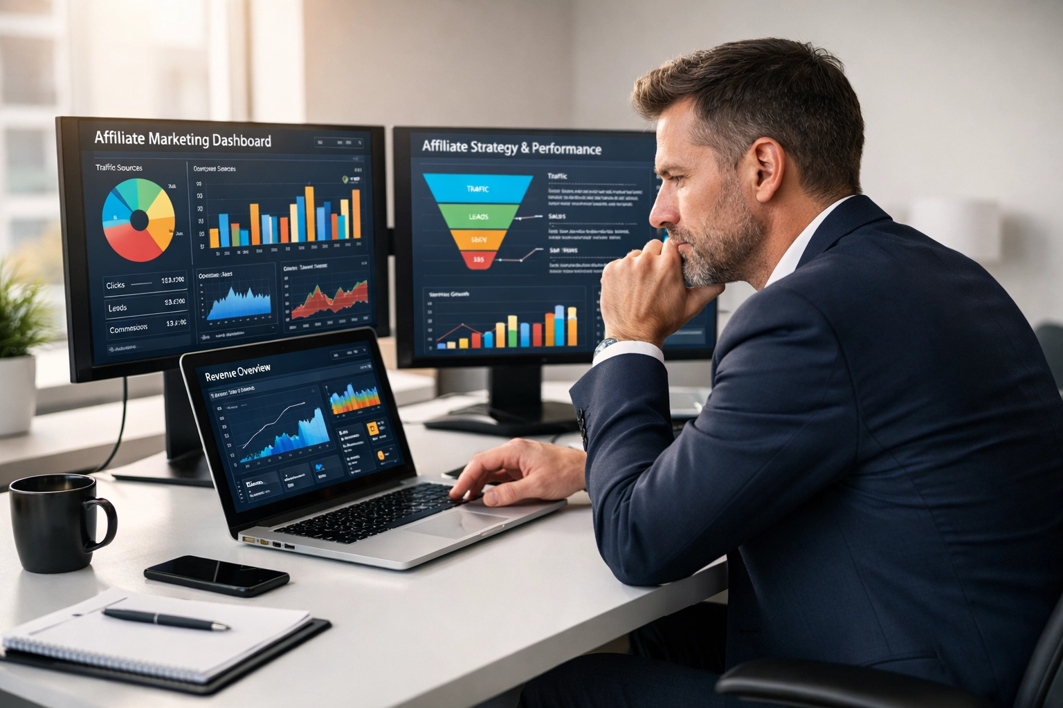 Przedsiębiorca analizuje strategię marketingu afiliacyjnego z wykorzystaniem danych i analiz