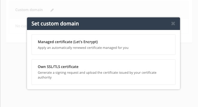 Okno dialogowe Ustaw domenę niestandardową w Post Affiliate Pro z opcją certyfikatu Let's Encrypt
