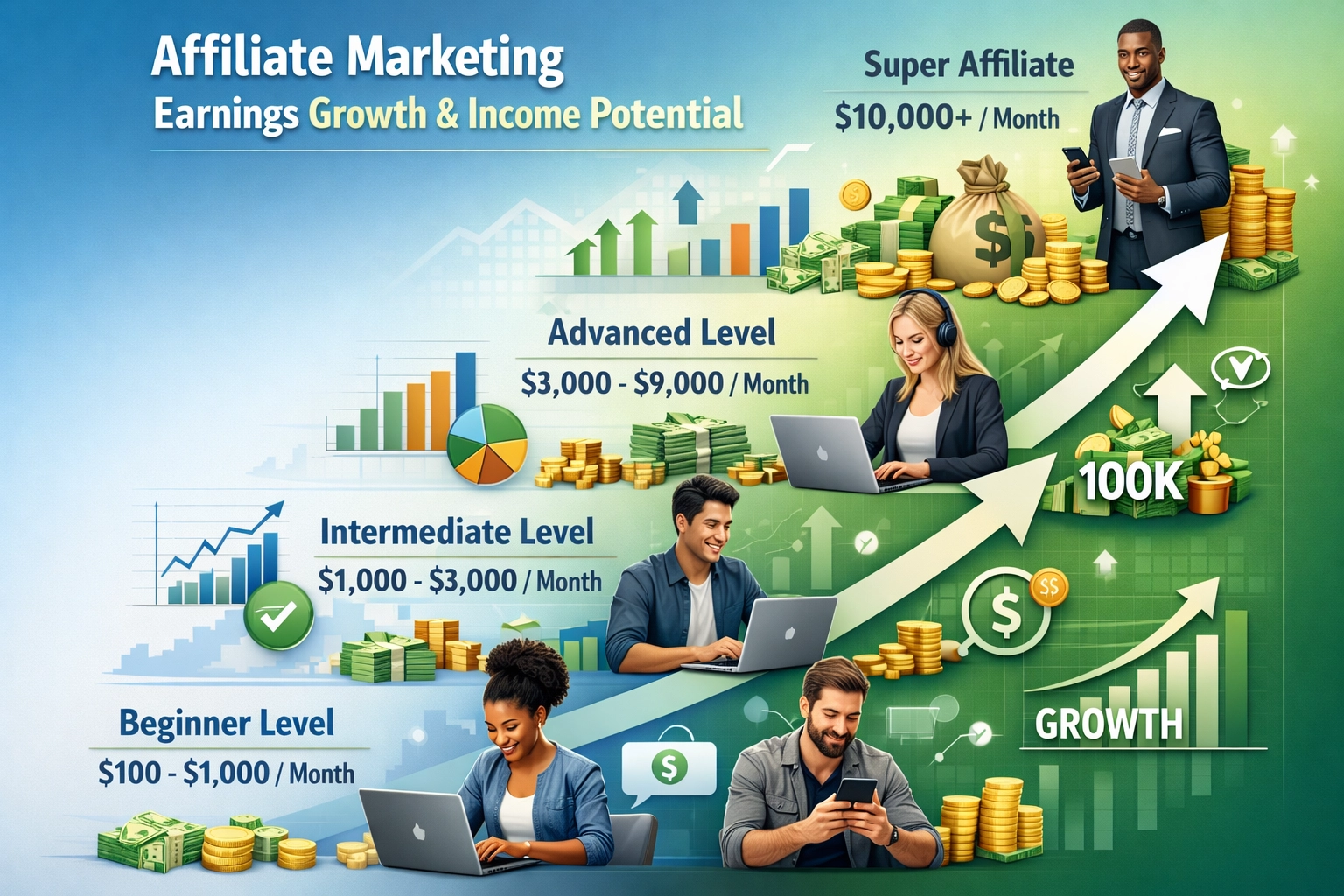 Affiliate marketing earnings growth and income potential visualization