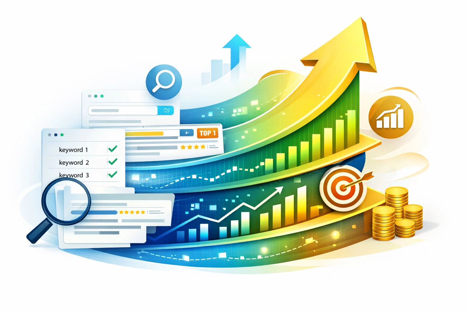 Abstrakcyjna wizualizacja wzrostu i sukcesu biznesu dzięki badaniom słów kluczowych, z rosnącą strzałką i ikonami analityki
