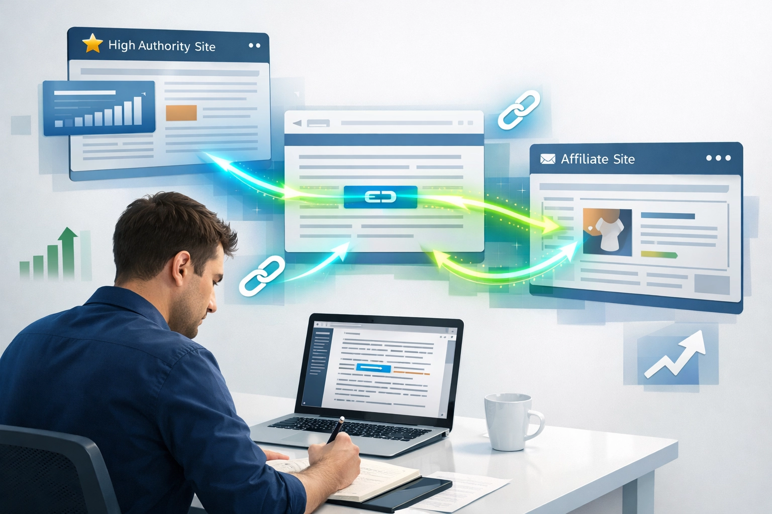 Koncepcja guest bloggingu pokazująca backlinki łączące strony, z przepływem wartości linków z witryn o wysokim autorytecie