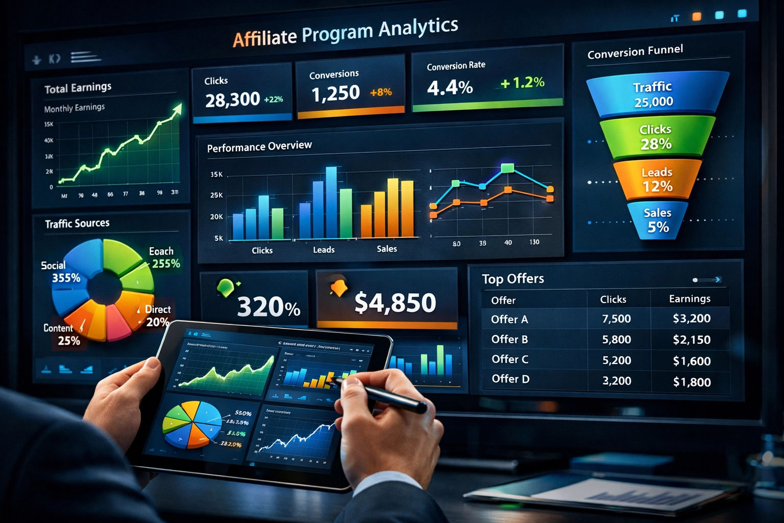Affiliate program analytics dashboard with performance metrics and KPI tracking