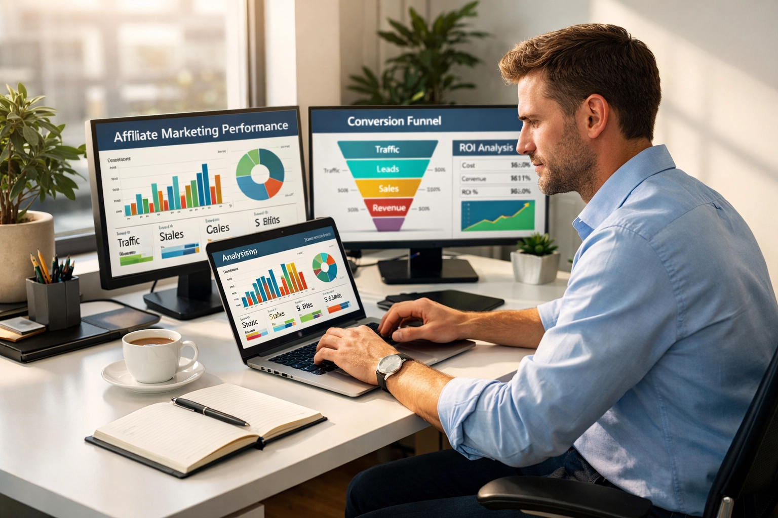 Profesjonalny freelancer ds. marketingu afiliacyjnego pracujący przy biurku z panelem analitycznym