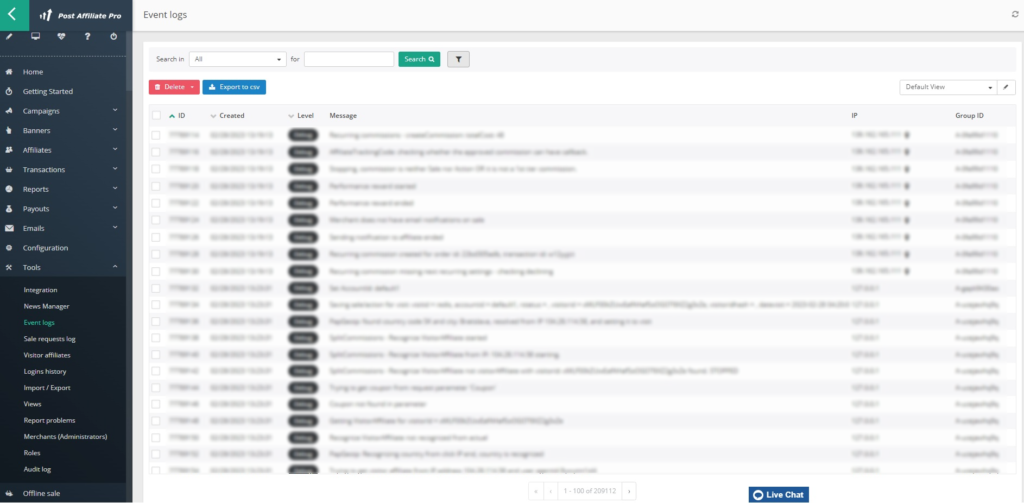 Post Affiliate Pro - Events log overview