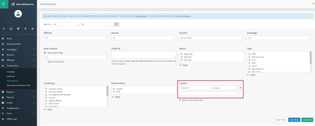 Post Affiliate Pro - filtr Visitor ID
