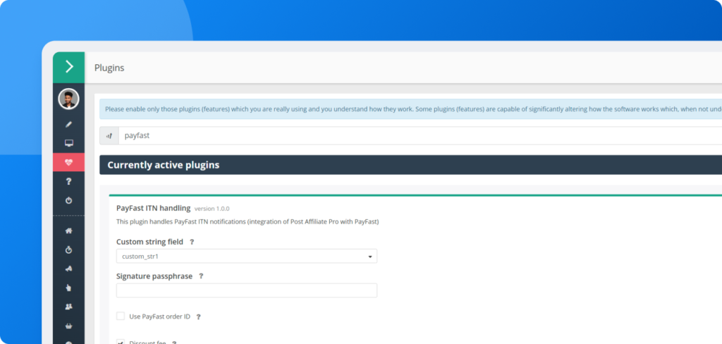 Ekran konfiguracji pokazujący aktywację i konfigurację wtyczki obsługi PayFast ITN w Post Affiliate Pro