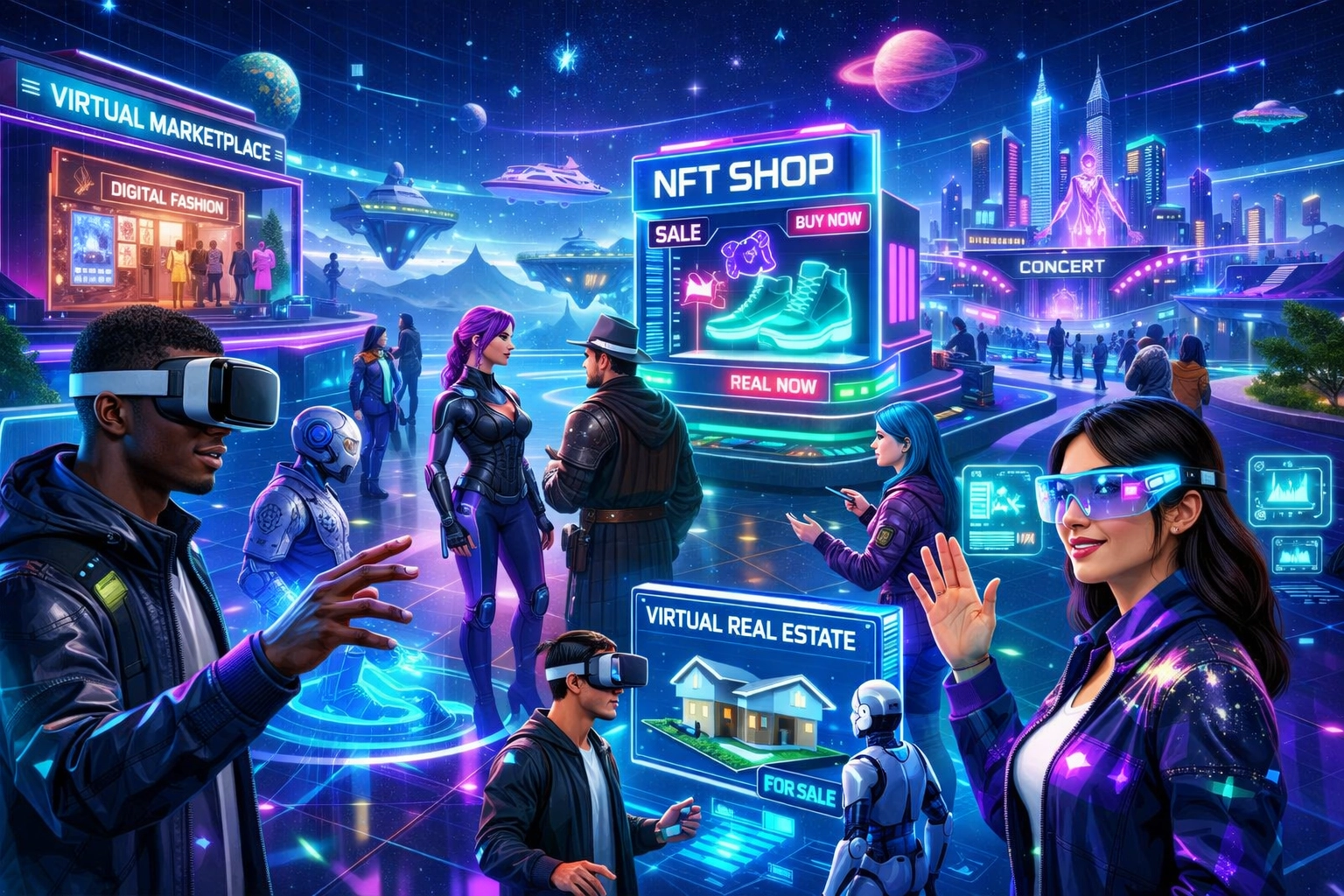 Vibrant metaverse environment with diverse avatars, holographic elements, and digital storefronts
