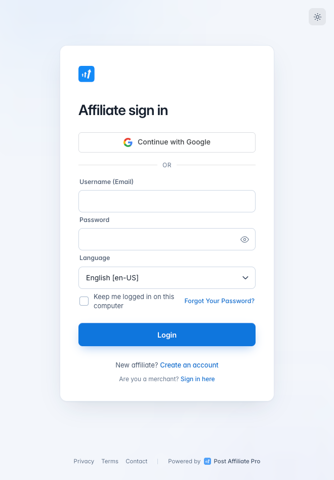 Przycisk Zaloguj się przez Google w Post Affiliate Pro na ekranie logowania